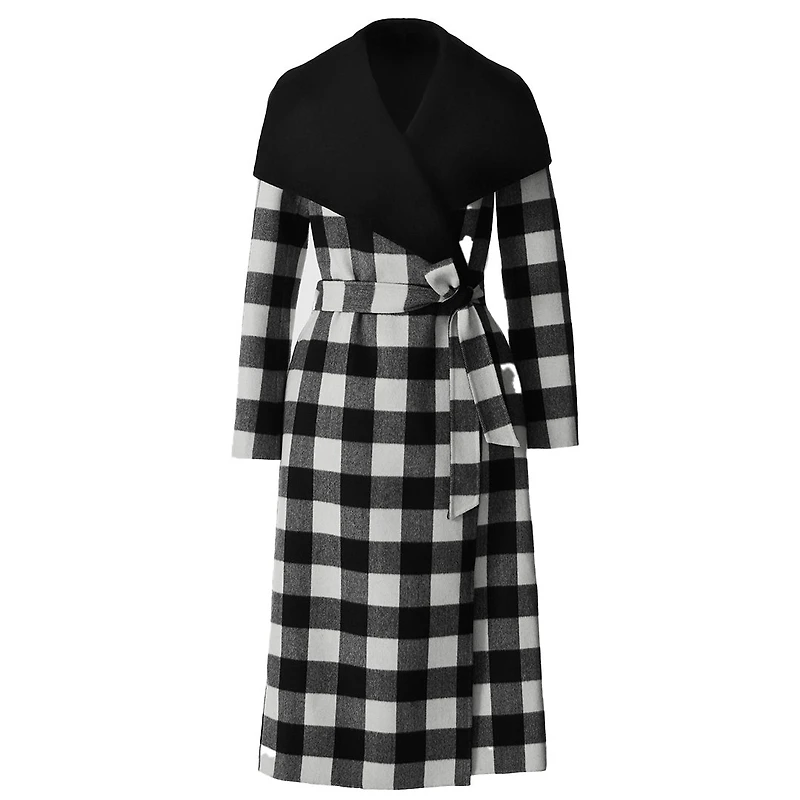Mackage Mai-pl Reversible Plaid Wrap Coat Double-face Wool Black-cream Plaid, Size: