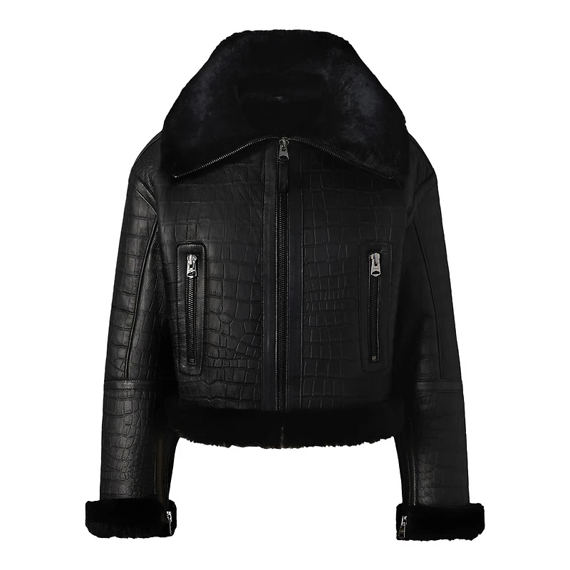 Mackage Maxou Croc Embossed Oversized Shearling Jacket Black-black, Size: