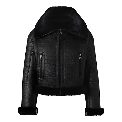 Mackage Maxou Croc Embossed Oversized Shearling Jacket Black-black, Size:
