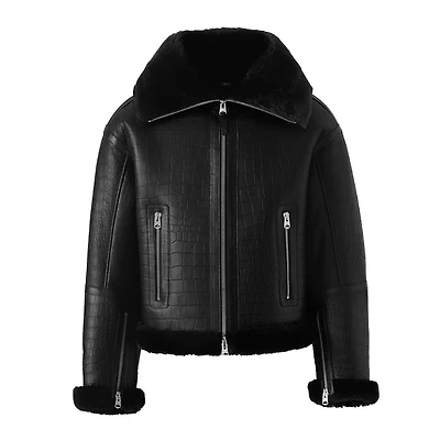 Mackage Memphis Croc Embossed Oversized Shearling Jacket Black, Size: