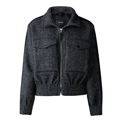 Mackage Patty-hb Short Herringbone Wool Jacket With Leather Detail Black-white, Size: