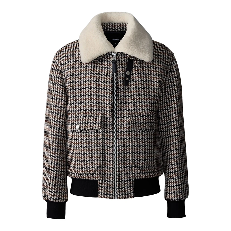 Mackage Rhett-ht Houndstooth Wool Bomber With Shearling Collar Earth Brown Multi, Size: