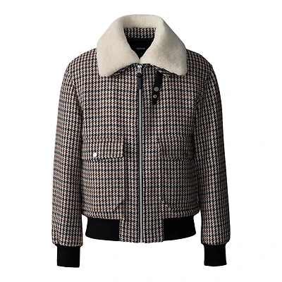 Mackage Rhett-ht Houndstooth Wool Bomber With Shearling Collar Earth Brown Multi, Size: