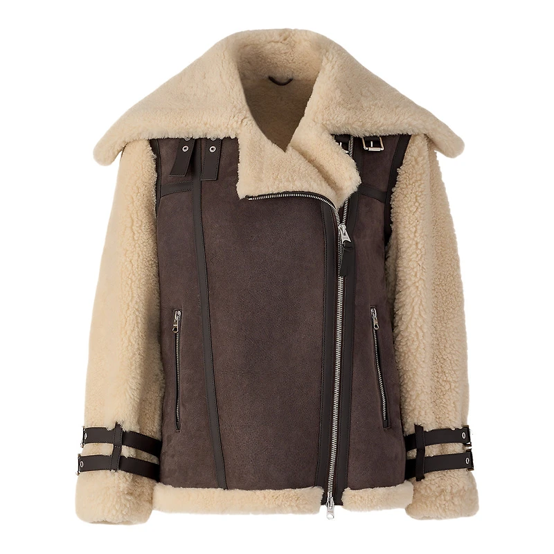 Mackage Rhoslyn Oversized Shearling Moto Jacket Coffee-natural, Size: