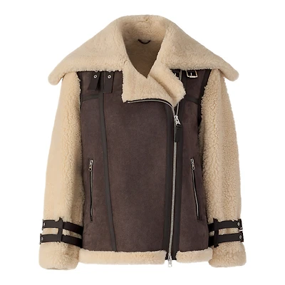Mackage Rhoslyn Oversized Shearling Moto Jacket Coffee-natural, Size: