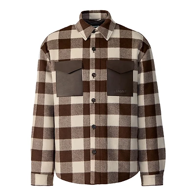 Mackage Ryker-pl Plaid Wool Overshirt With Leather Pocket Coffee-cream Plaid, Size: