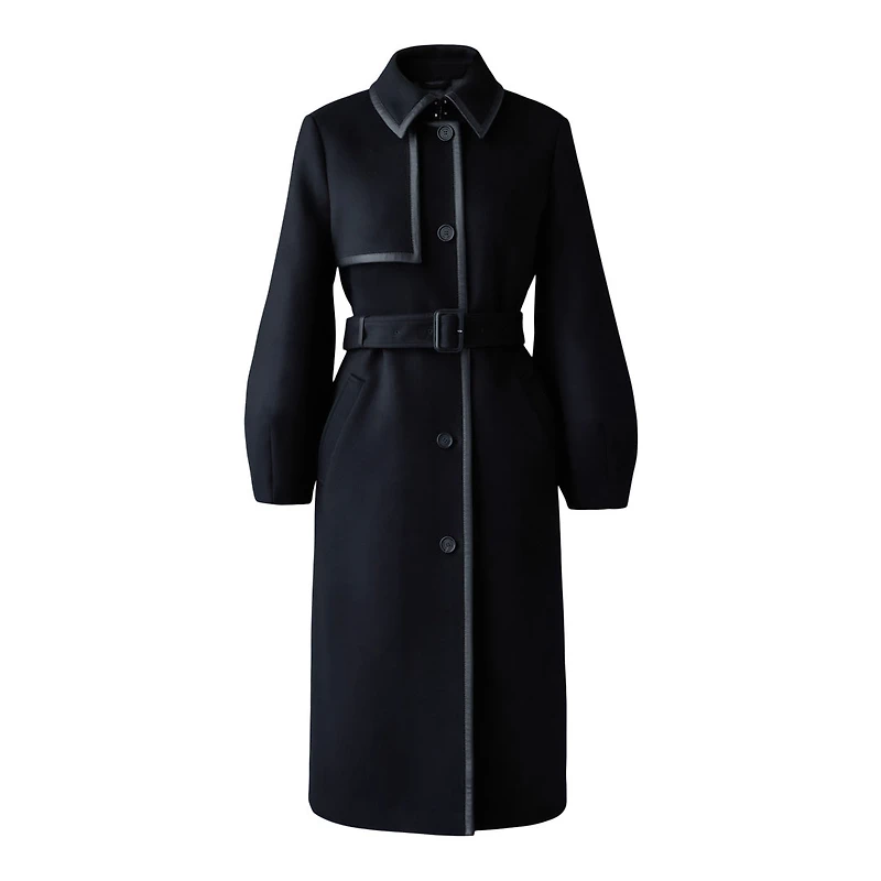 Mackage Zeva Long Wool Balloon Sleeve Trench With Leather Detail Black, Size: