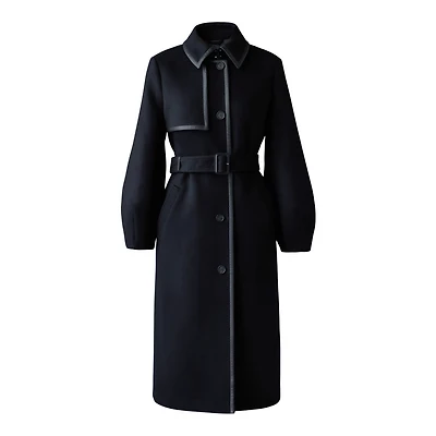 Mackage Zeva Long Wool Balloon Sleeve Trench With Leather Detail Black, Size: