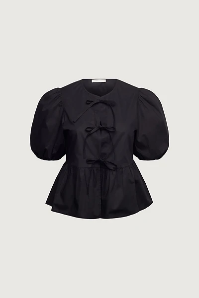 PUFF SLEEVE COTTON POPLIN BOW FRONT BLOUSE