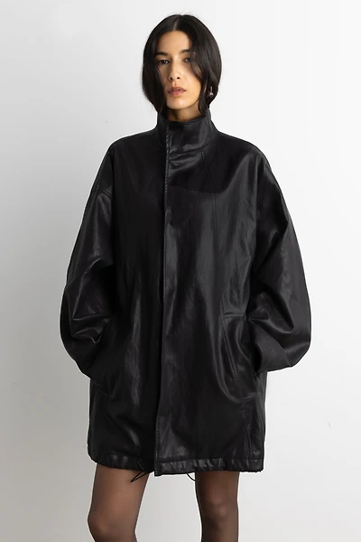 OVERSIZED FUNNEL NECK VEGAN LEATHER JACKET