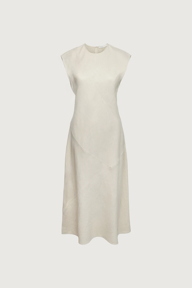 LINEN BLEND SLEEVELESS BIAS CUT MIDI DRESS
