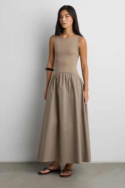 BOAT NECK GATHERED WAIST MIDI DRESS