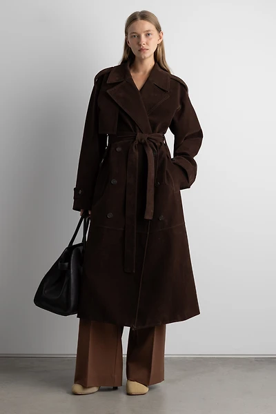 LONG PANELED VEGAN SUEDE TRENCH COAT