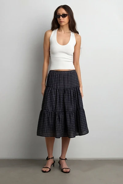 VINTAGE PLAID TIERED MIDI SKIRT