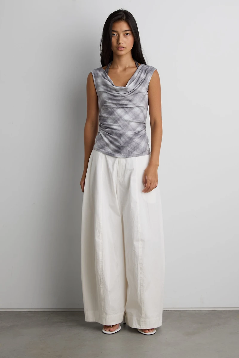 DRAPED CHECKERED COWL NECK TOP