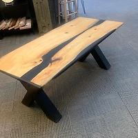 Fir Coffee Table with Black Epoxy Accents and Steel Legs