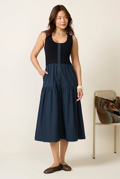 crochet poplin twofer midi dress Rails Deidre Sleeveless Twofer Midi Dress