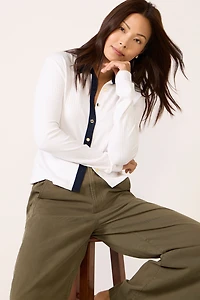 Knit Contrast Long Sleeve Polo