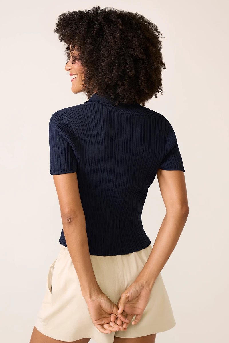 Crinkle Knit Slim Polo Sweater
