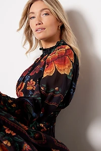 Macaws Garden Black High Neck Midi Dress