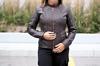 Nancy Collar - Womens Brown Diamond Stitch Leather Jacket
