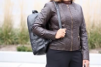 Nancy Collar - Womens Brown Diamond Stitch Leather Jacket