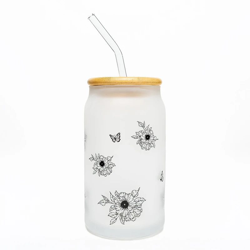 Glass with straw & lid - Flowers