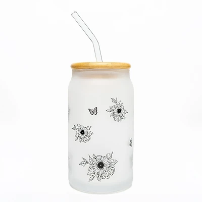 Glass with straw & lid - Flowers