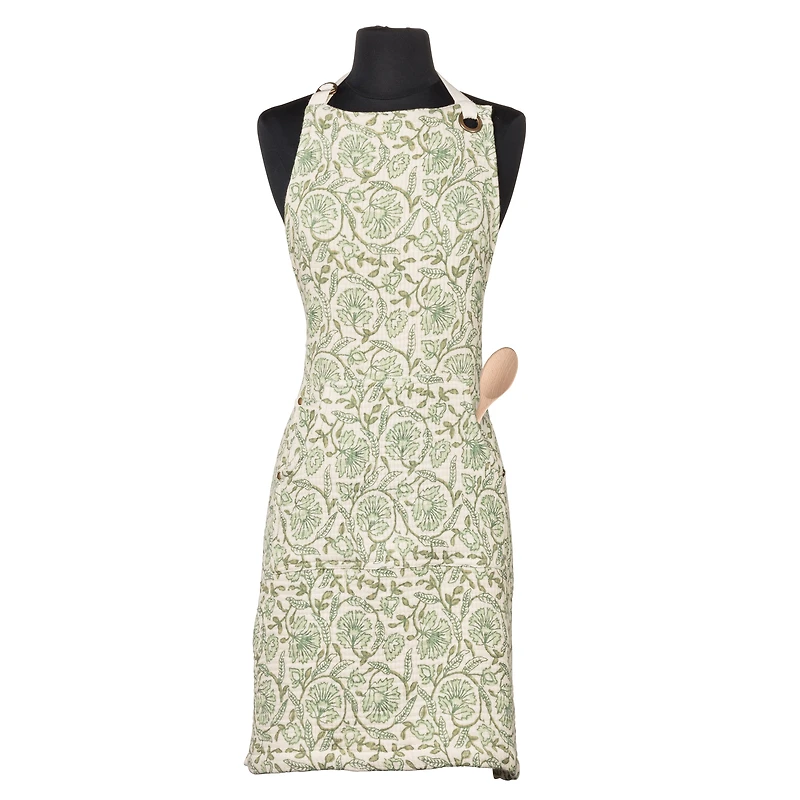 Tablier beige & vert - Motifs florals