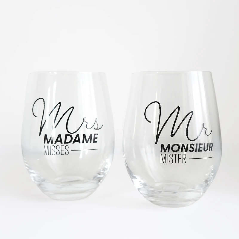 Set of 2 stemless wine glasses - M/Mrs