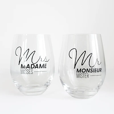 Set of 2 stemless wine glasses - M/Mrs