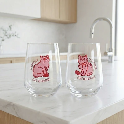 Duo de verres à vin sans pied - Chat