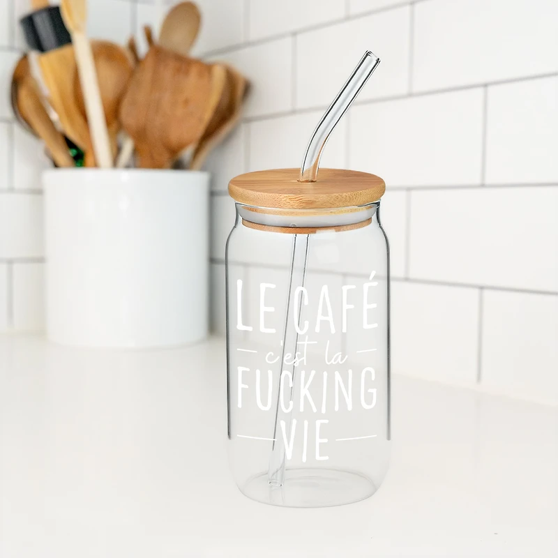 Glass with straw & lid - Coffee is life