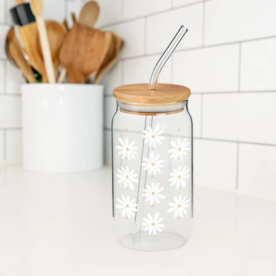 Verre avec paille & couvercle - Fleurs