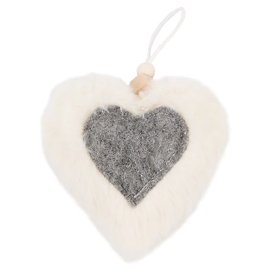 Fur heart ornament - Ivory and gray