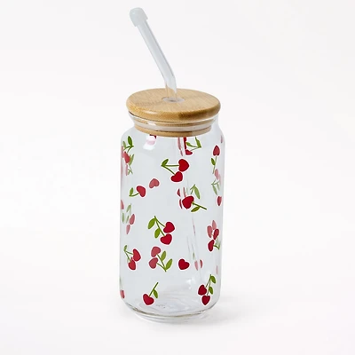 Cherry Heart Glass Tumbler with Straw