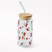 Cherry Heart Glass Tumbler with Straw