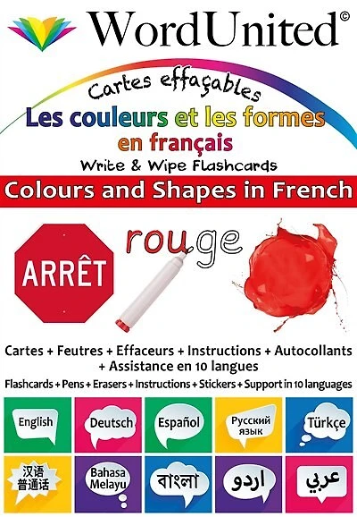 COLOURS AND SHAPES IN FRENCH -WRITE & WIPE FLASHCARDS