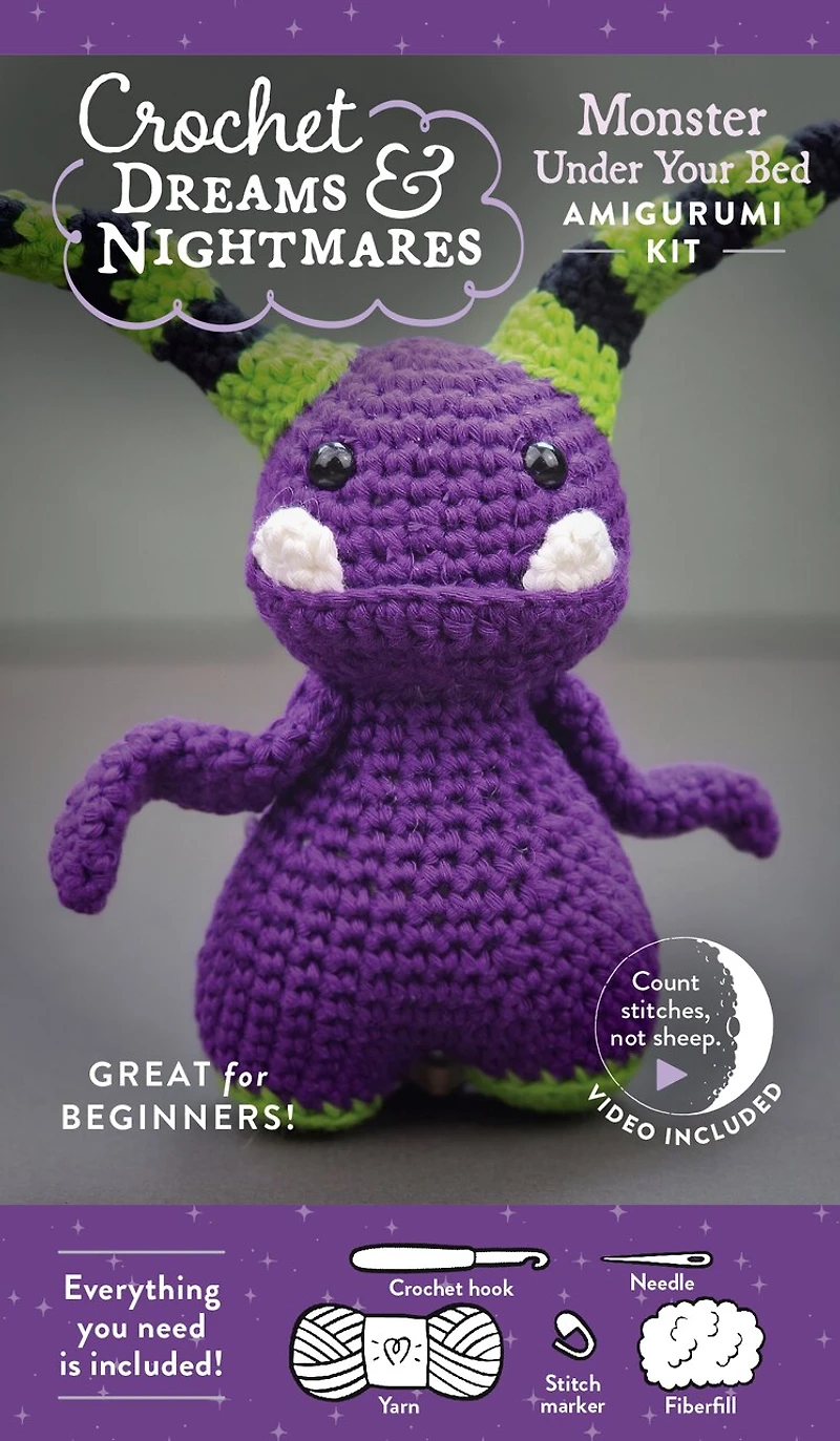 Crochet Dreams and Nightmares Amigurumi Kit Monster Under Your Bed: Everything You Need Is Included: 100% Cotton Yarn, Crochet Hook, Stitch Marker, Tapestry Needle, Fiberfill, Step-by-Step Leaflet, and How-To Videos; Creepy Cute Beginner-Friendly!