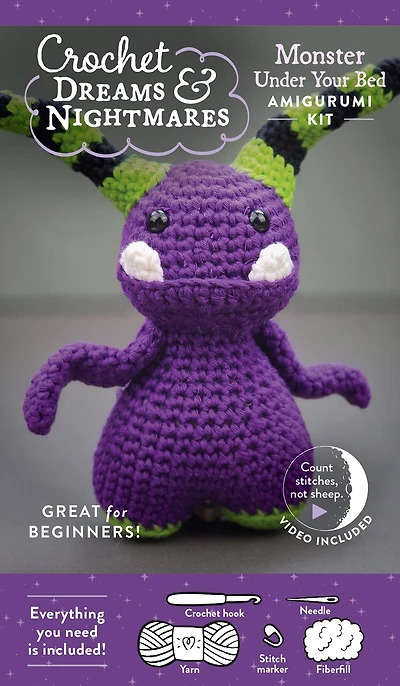 Crochet Dreams and Nightmares Amigurumi Kit Monster Under Your Bed: Everything You Need Is Included: 100% Cotton Yarn, Crochet Hook, Stitch Marker, Tapestry Needle, Fiberfill, Step-by-Step Leaflet, and How-To Videos; Creepy Cute Beginner-Friendly!