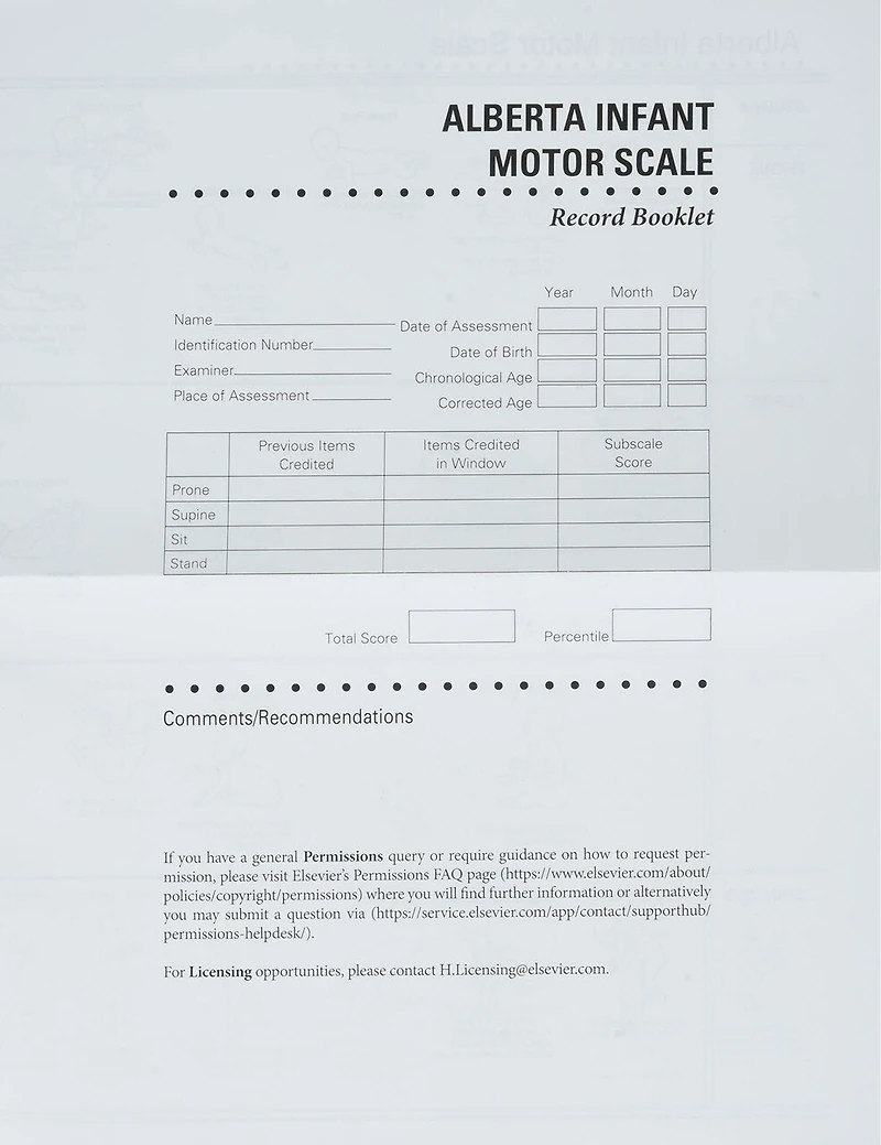 Alberta Infant Motor Scale Score Sheets (aims): Package Of 50 Score Sheets