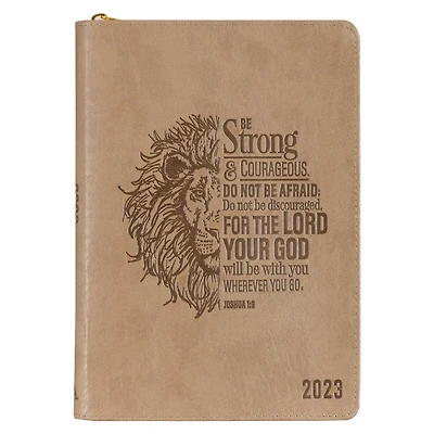 Christian Art Gifts 2023 12 Month Executive Vegan Leather Planner for Men: Be Strong & Courageous - Joshua 1:9 Inspirational Bible Verse, Daily Personal Organizer w/Zipper Closure & Ribbon, Lion Tan