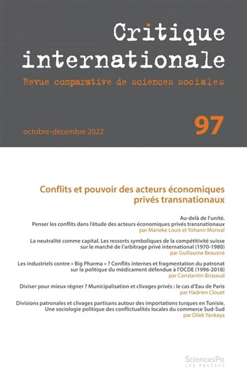 Critique internationale, n°97. Conflits et pouvoir des acteurs économiques privés transnationaux