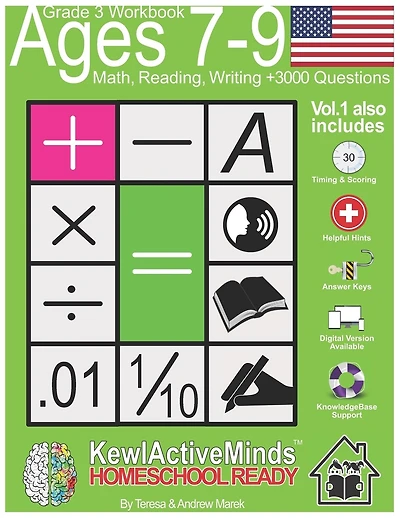 Grade 3, Ages 7-9 Math, Reading, Writing Practice Workbook - Vol1, 3000 Questions: American Content with Answer Keys, Timing and Scoring, Helpful Hints