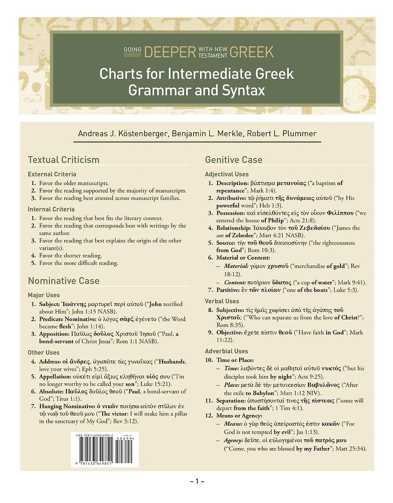 CHARTS FOR INTERMEDIATE Greek GRAMMAR AND SYNTAX: A Quick Reference Guide to Going Deeper with New Testament