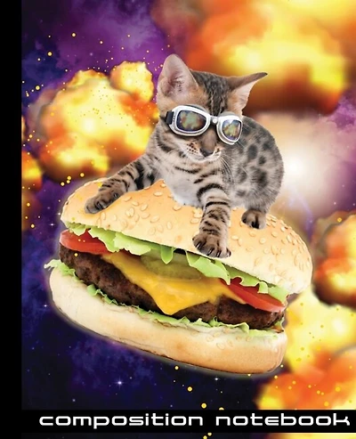 Composition Notebook: Funny Cat Action Hero Surfing On A Cheeseburger In Space 7.5 X 9.25 - 110 Wide Ruled Pages
