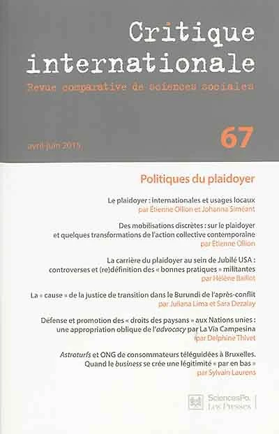 Critique internationale, n°67. Politiques du plaidoyer