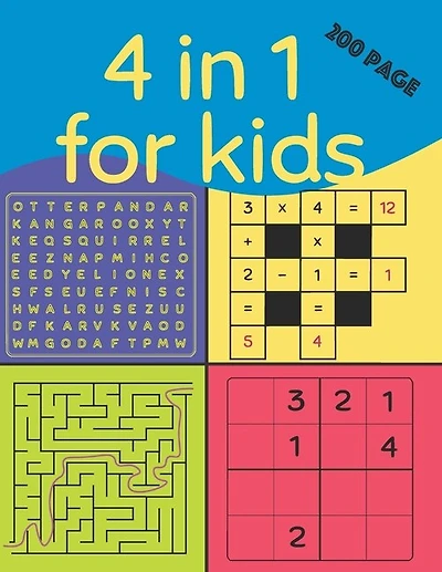 4 in 1 for Kids (200 Page): kids wordsearch books age 7-8 yrs, smart games iq , wordsearch junior, easy sudoku puzzle books for kids, teach kids math, math practice for kids