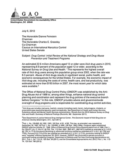 Drug control: initial review of the national strategy and drug abuse prevention and treatment programs