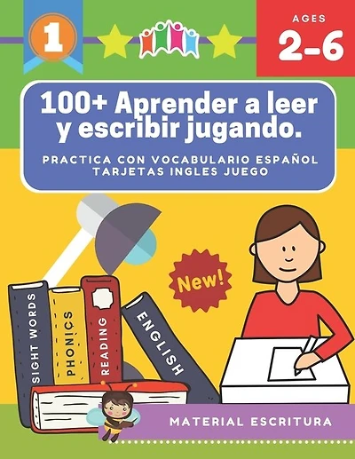 100+ Aprender a leer y escribir jugando. Practica con vocabulario español tarjetas ingles juego: Actividades para aprender los alfabeto montessori letras, cartas infantiles numeros, partes del cuerpo humano para niños de 3 6 años (preescolar - primaria).